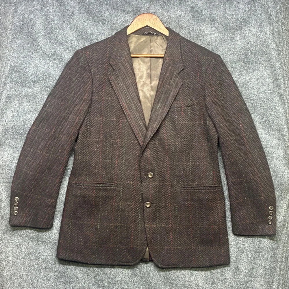 Vintage Oakton Ltd Blazer Mens 42R Brown Wool Herringbone Windowpane Sport Coat